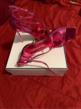 GUESS Metallic Hot Pink Strappy Stiletto Sandals